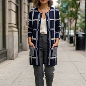 Carré Noir Navy Windowpane Knit Long Cardigan Coatigan S/P